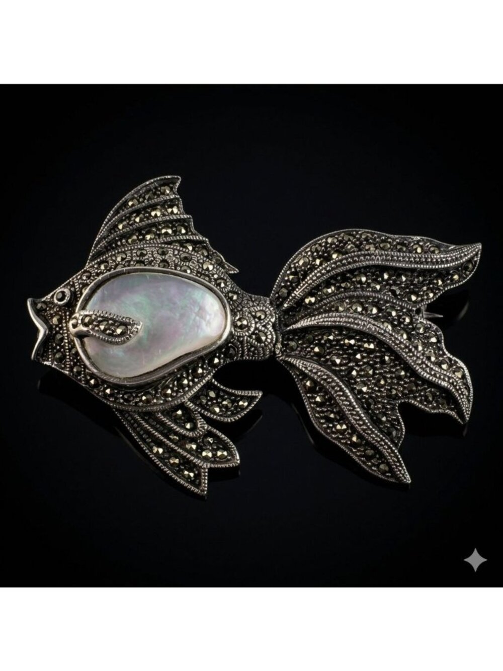 Vintage Marcasite & Mother of Pearl Sterling Silver Fish Nautical Brooch